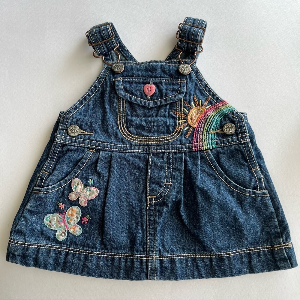 OshKosh B’Gosh Denim Overalls Dress Embroidered Rainbow Mushroom